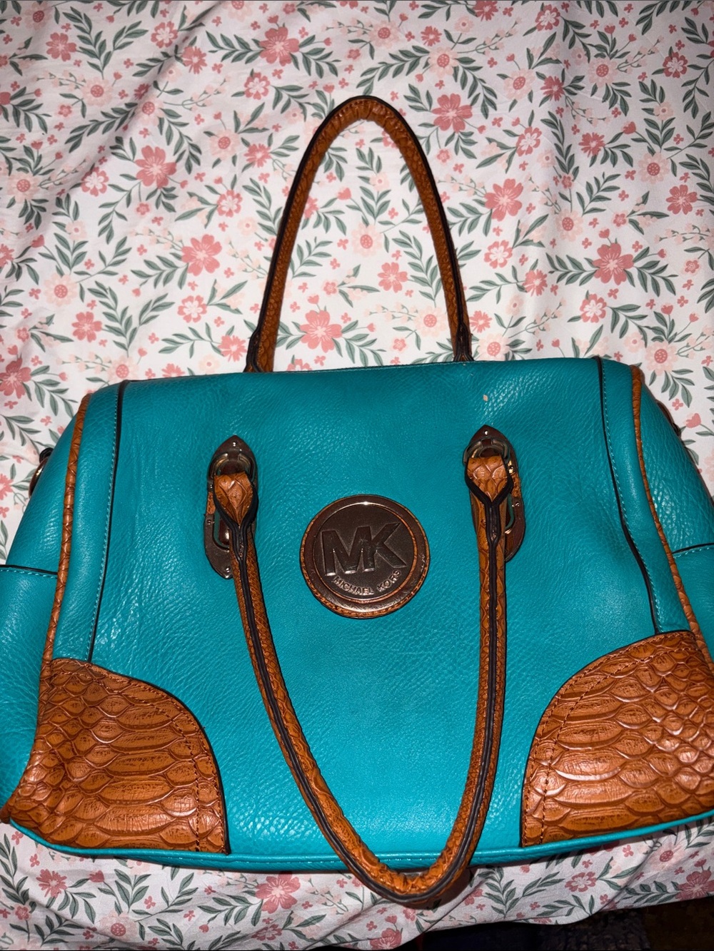 Michael Kors Teal and Brown Leather Satchel with MK Logo